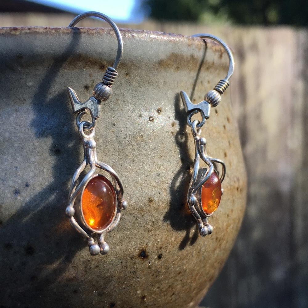 Amber and 925 Sterling Silver Drop Earrings